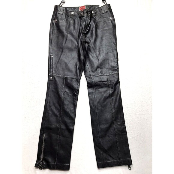 Vtg TOMMY JEANS Red Label Leather Jean Pant Women 11 34x30 Black Rock Star Moto - Picture 1 of 16
